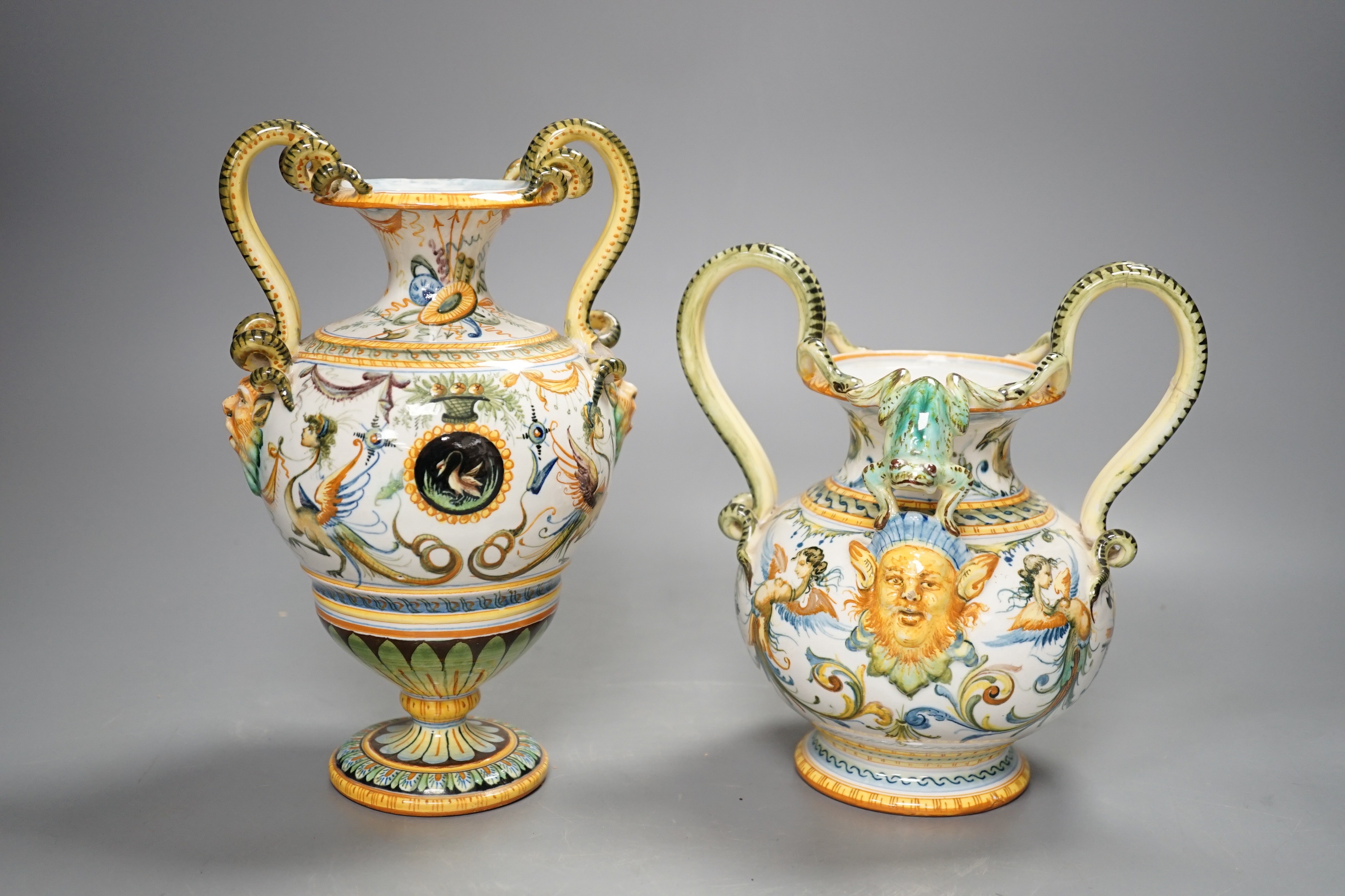 Two early 20th century Cantagalli maiolica two handled vases, tallest 23cm